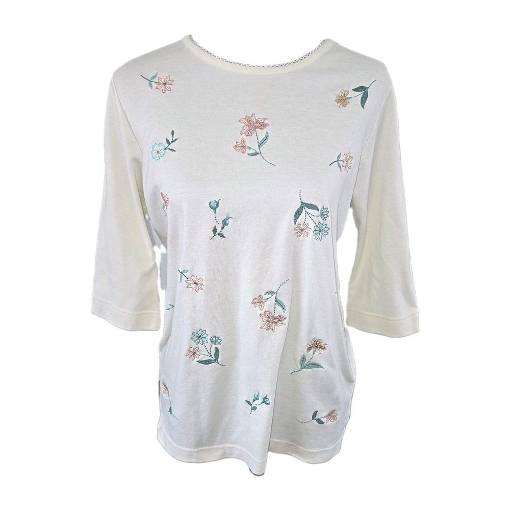 BonWorth Small Cream Floral Embroidered Top 3/4 Sleeve Picot Trim Cottagecore
